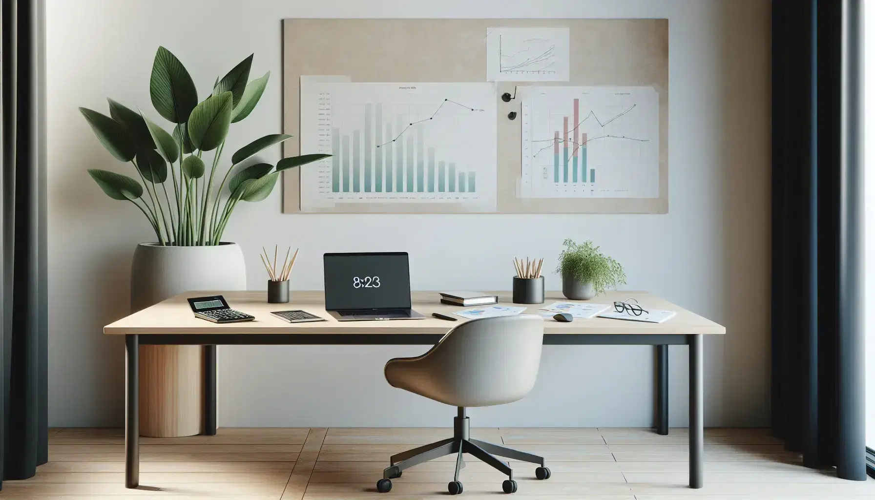 Oficina moderna y minimalista con mesa de madera clara, silla ergonómica gris, portátil abierto, calculadora y gráficos impresos, junto a una planta interior y ventana iluminada.