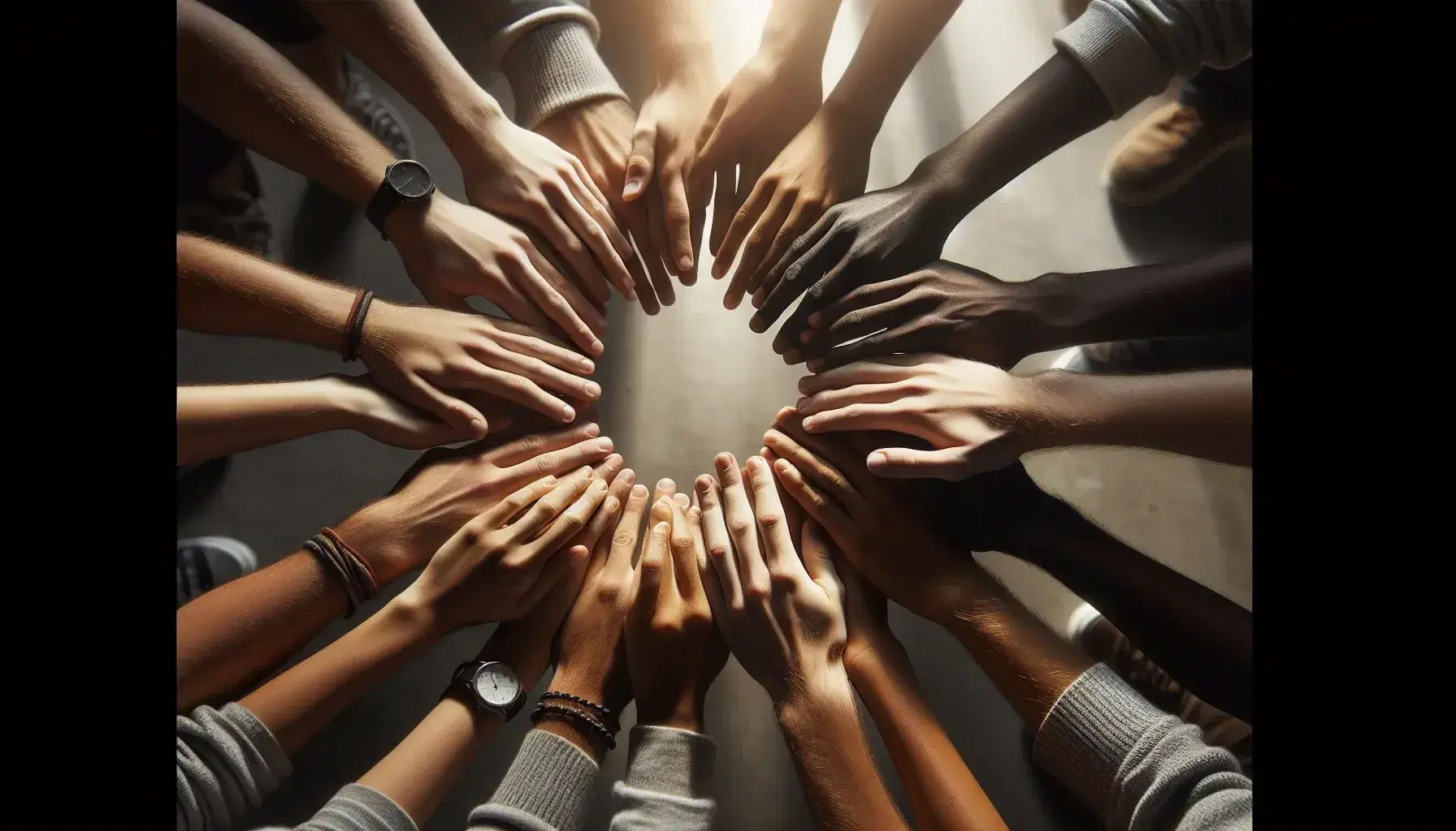 Manos de diversas tonalidades de piel unidas en círculo, tocándose por las puntas de los dedos, simbolizando unidad y diversidad, con un fondo neutro desenfocado.