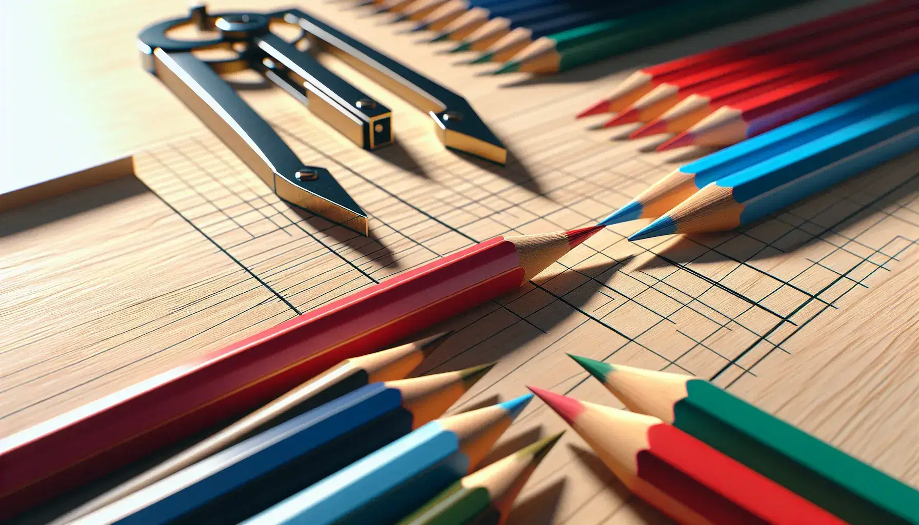 Matite colorate su tavolo in legno che illustrano concetti geometrici, con matite rosse e blu perpendicolari e una verde parallela.