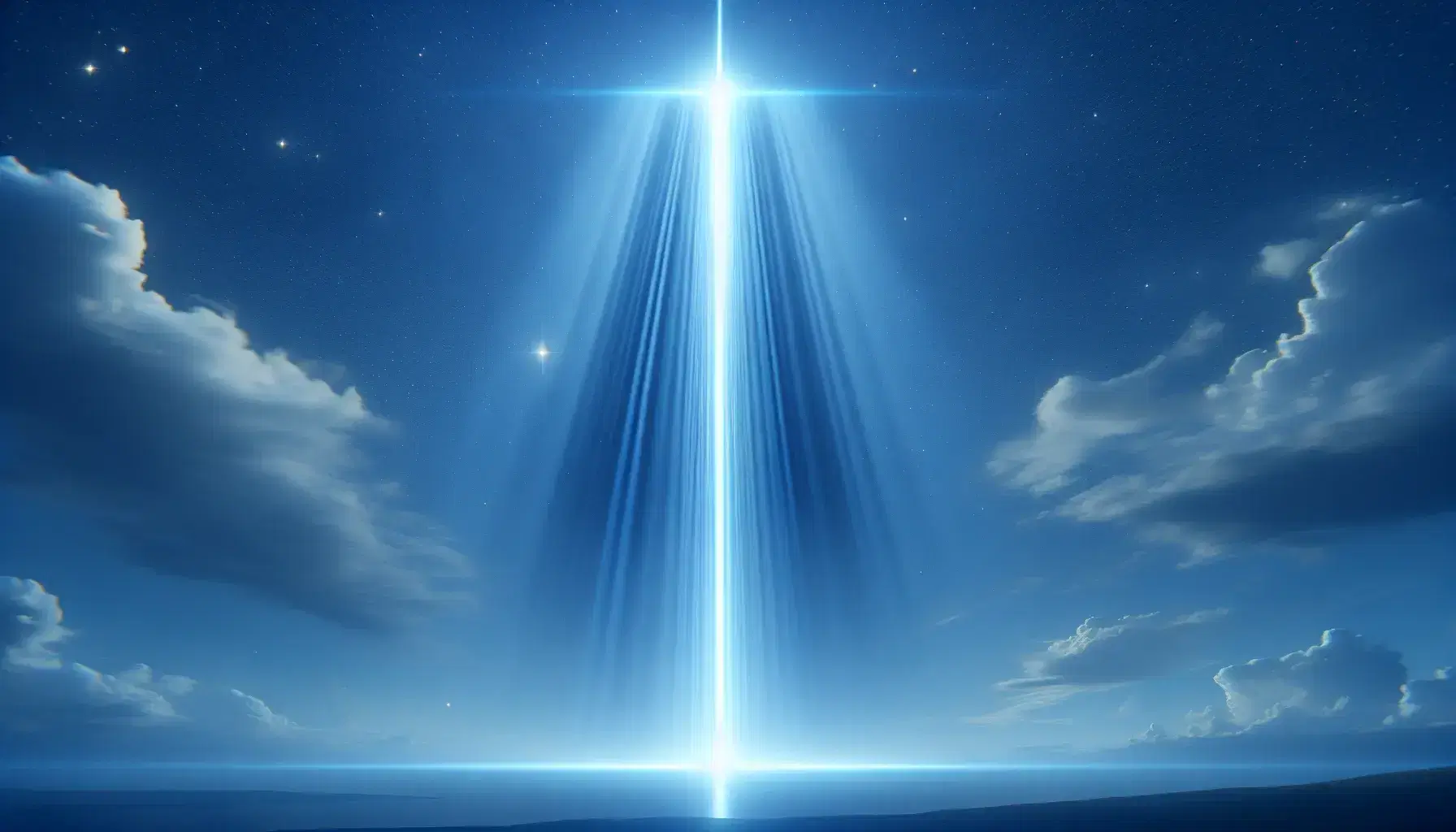 Fasci di luce bianca intensa si proiettano verso l'alto in un cielo sereno sfumato di blu, simbolo di riflessione e solennità.