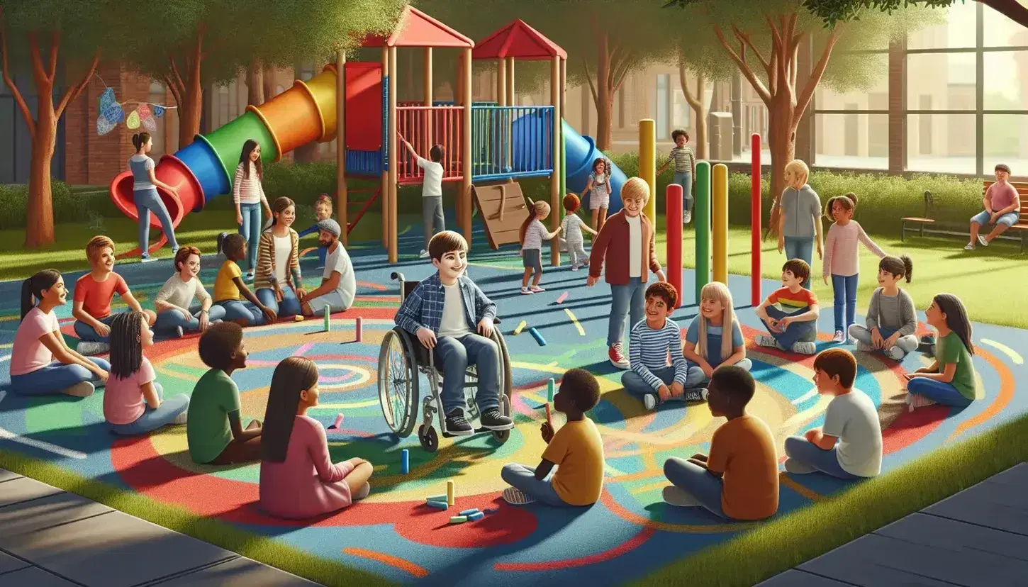 Grupo diverso de niños y adolescentes en un parque soleado, interactuando con un niño sonriente en silla de ruedas, con juegos coloridos y vegetación alrededor.
