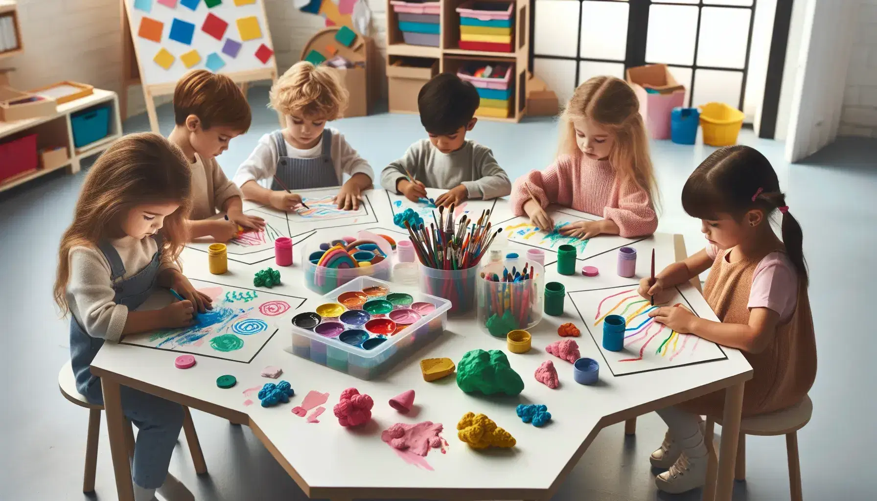 Niños pequeños diversos realizando actividades artísticas en un aula colorida, con pinturas de dedos, modelado de arcilla y dibujo con crayones, rodeados de materiales de arte.