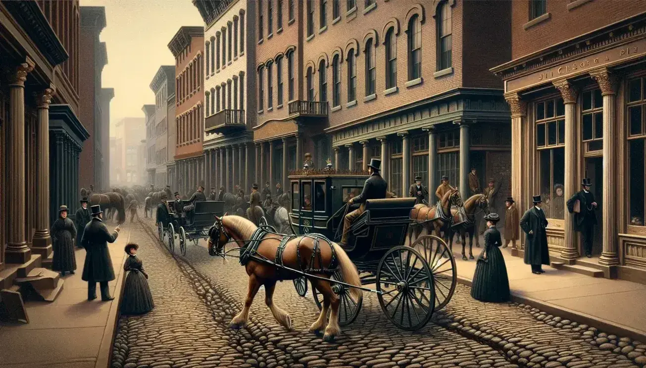 Late 19th-century American street scene with a horse-drawn carriage, pedestrians in period attire, and brick buildings under a clear blue sky.
