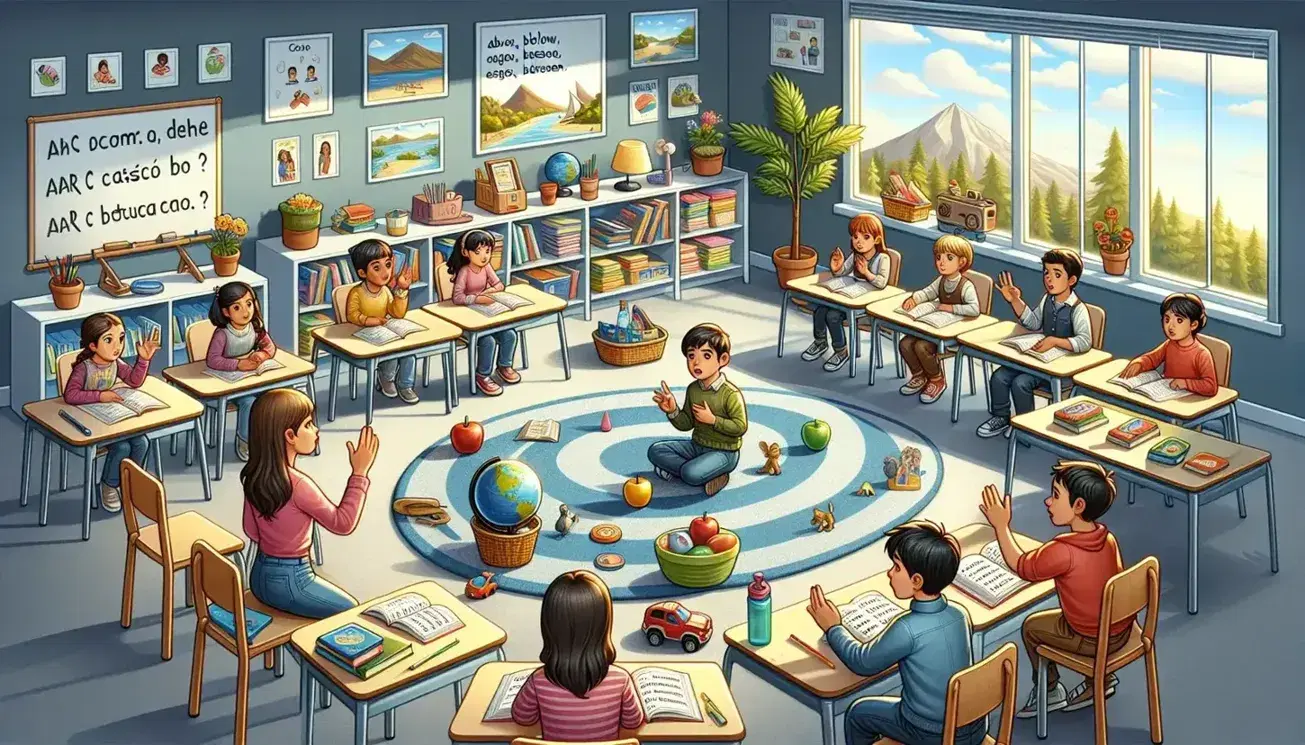 Diverse students actively participate in a Spanish class, using hand gestures for directions, surrounded by educational items and sunlit decor.