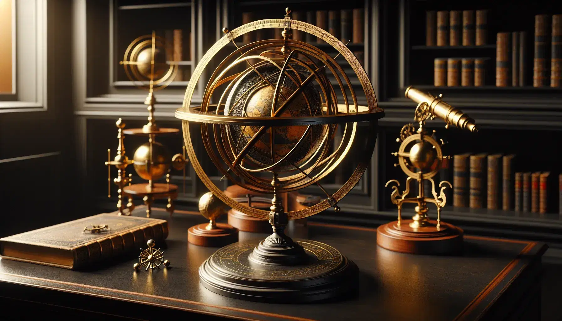 Globo celeste antico su piedistallo in legno scuro con anelli dorati, circondato da strumenti astronomici in ottone e legno in una stanza sfocata.