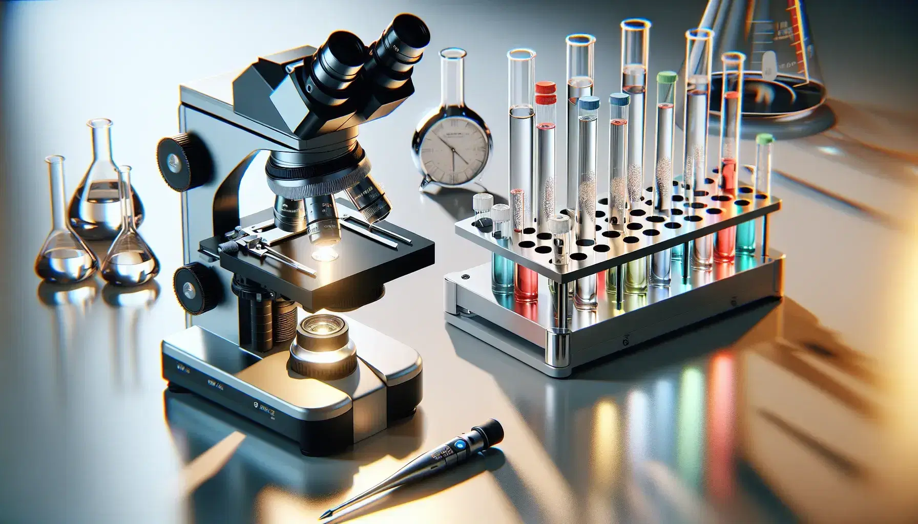 Microscopio ottico nero e argento su tavolo da laboratorio con provette trasparenti dai tappi colorati e pipetta automatica.