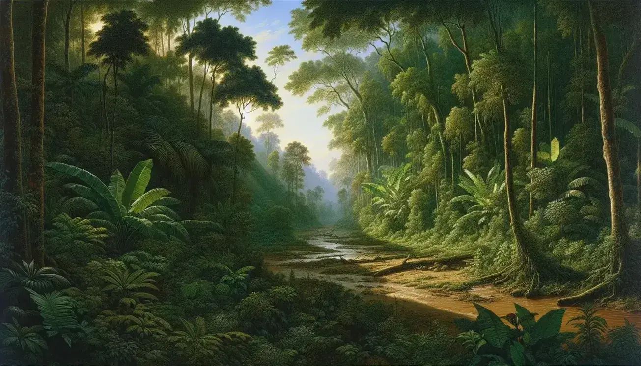 Dense Vietnamese jungle with lush foliage, a winding muddy river, and sunlight filtering through the treetops, showcasing the natural terrain.