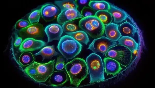 Fluorescent microscope slide shows dividing human cells with staining for cell structures in green, blue, pink and orange.