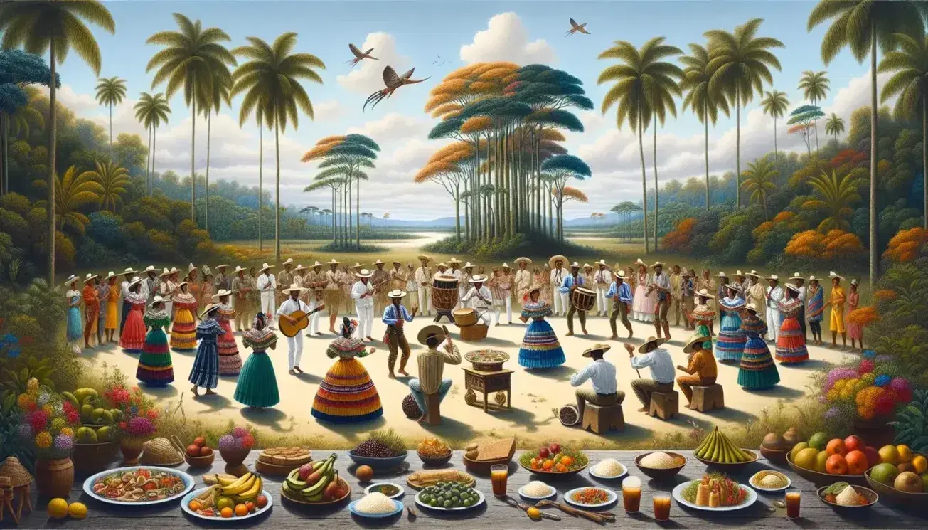 Grupo multicultural bailando en círculo con trajes típicos al aire libre, músicos con instrumentos tradicionales, mesa con comida autóctona y arte local bajo palmeras tropicales.