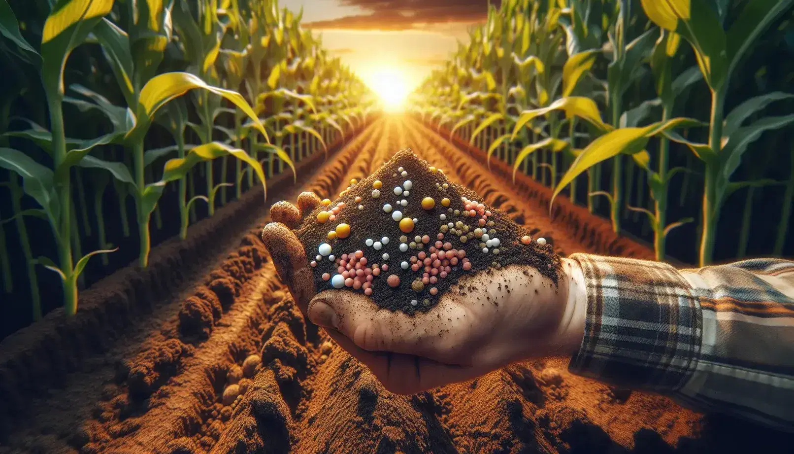 Farmer's hand with fertile soil and colorful NPK fertilizer granules among lush green plants in natural light.