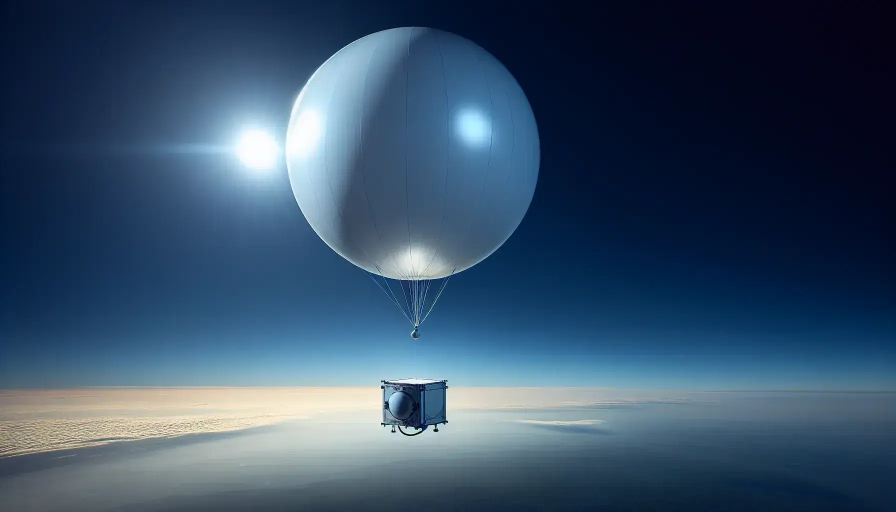 Pallone meteorologico bianco in ascensione nel cielo azzurro con strumentazione grigia attaccata, circondato da nuvole sottili e cime di alberi sfocate.