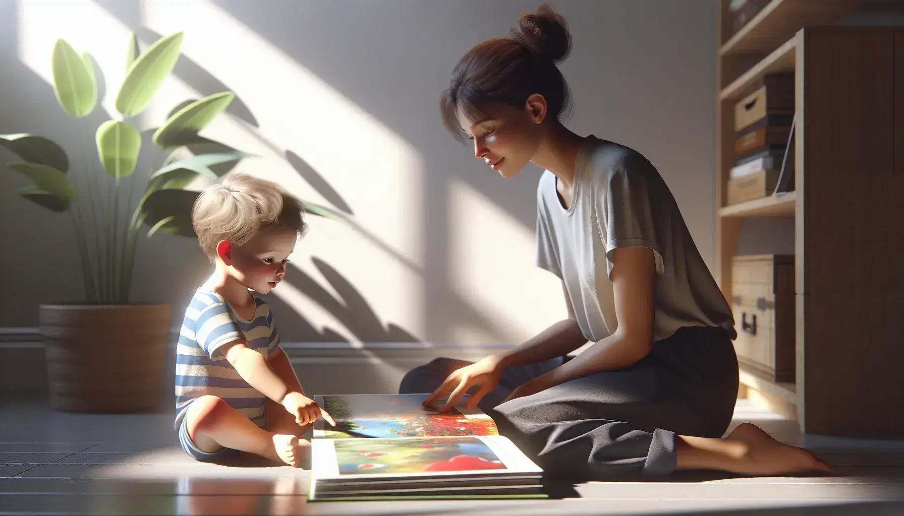 Adulto leyendo libro ilustrado a niño pequeño en suelo de habitación con luz natural, plantas al fondo.