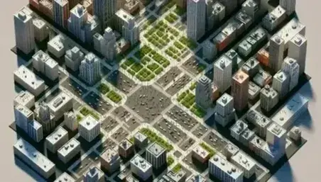 Vista aérea de intersección en ciudad densamente poblada con edificios variados, calles con tráfico y espacios verdes, en día soleado sin nubes.