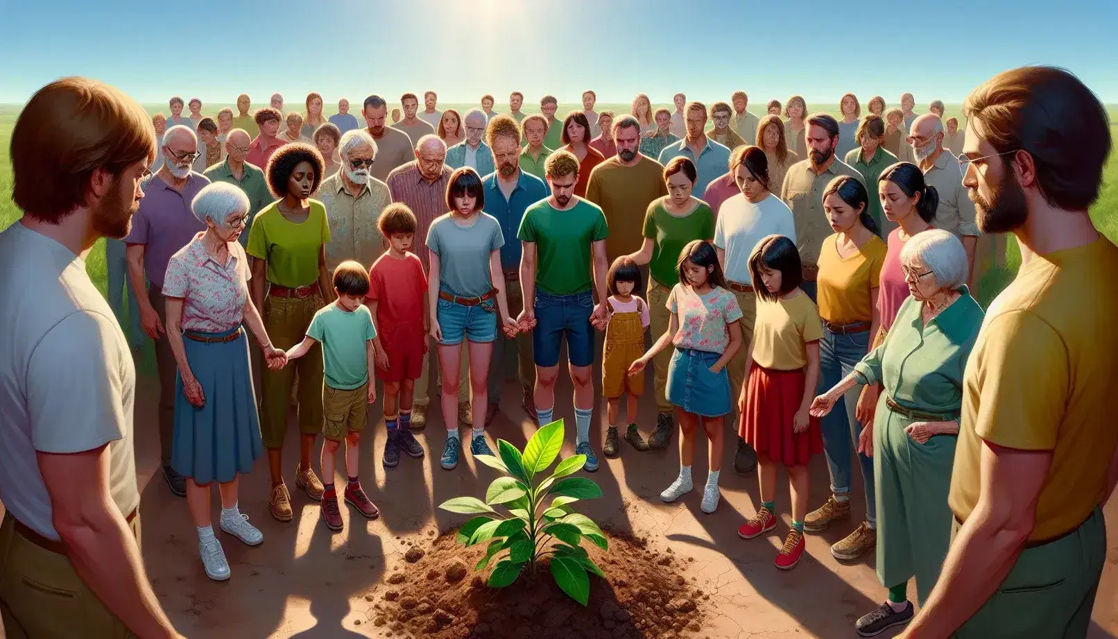 Grupo diverso de personas unidas en semicírculo observando a niños sosteniendo planta verde, simbolizando crecimiento y comunidad en un entorno natural soleado.