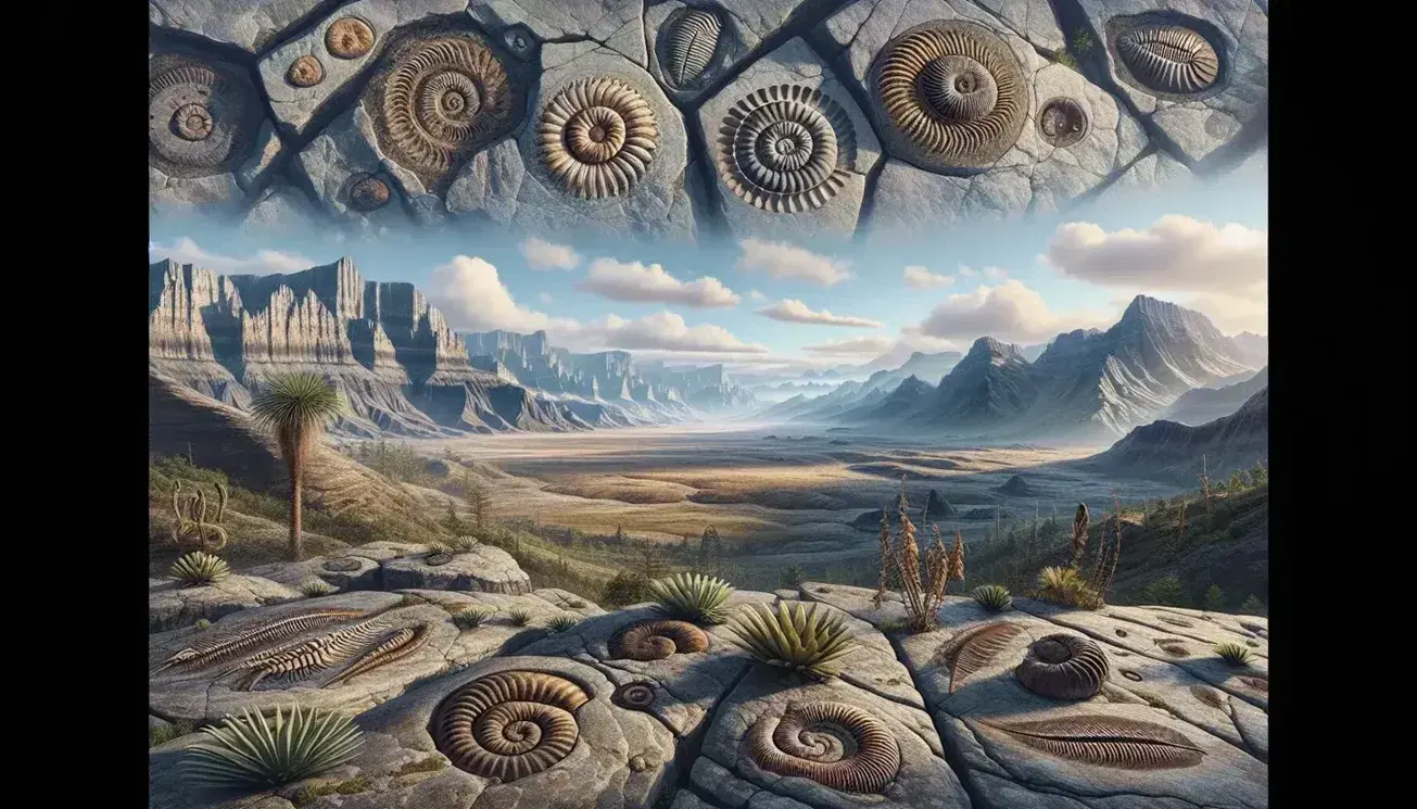 Vista panorámica de un paisaje natural con fósiles como amonites y trilobitos en rocas sedimentarias, vegetación baja y montañas estratificadas bajo un cielo azul.