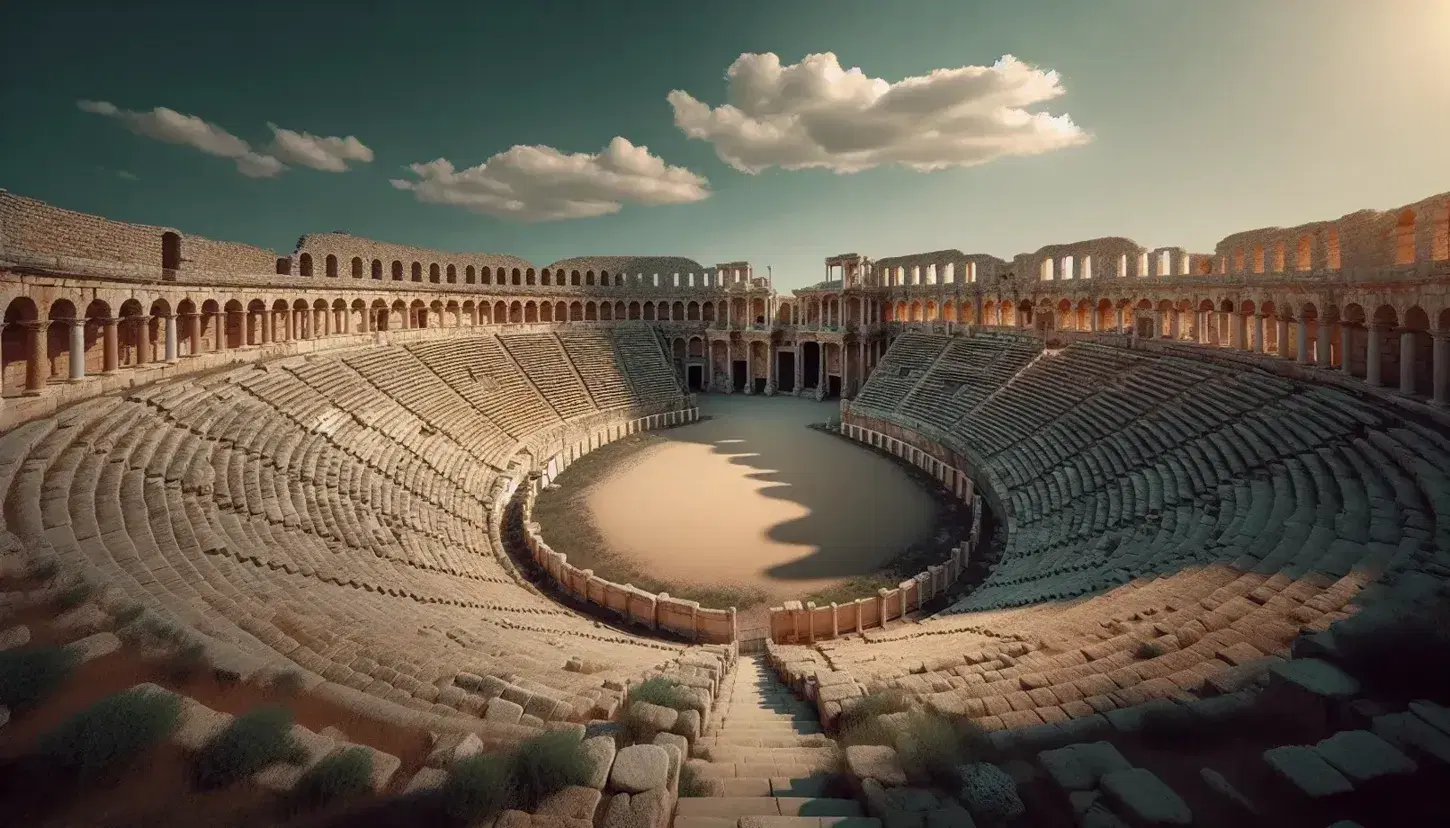Anfiteatro romano antiguo en ruinas con gradas de piedra y arena ovalada bajo cielo azul, rodeado de vegetación.