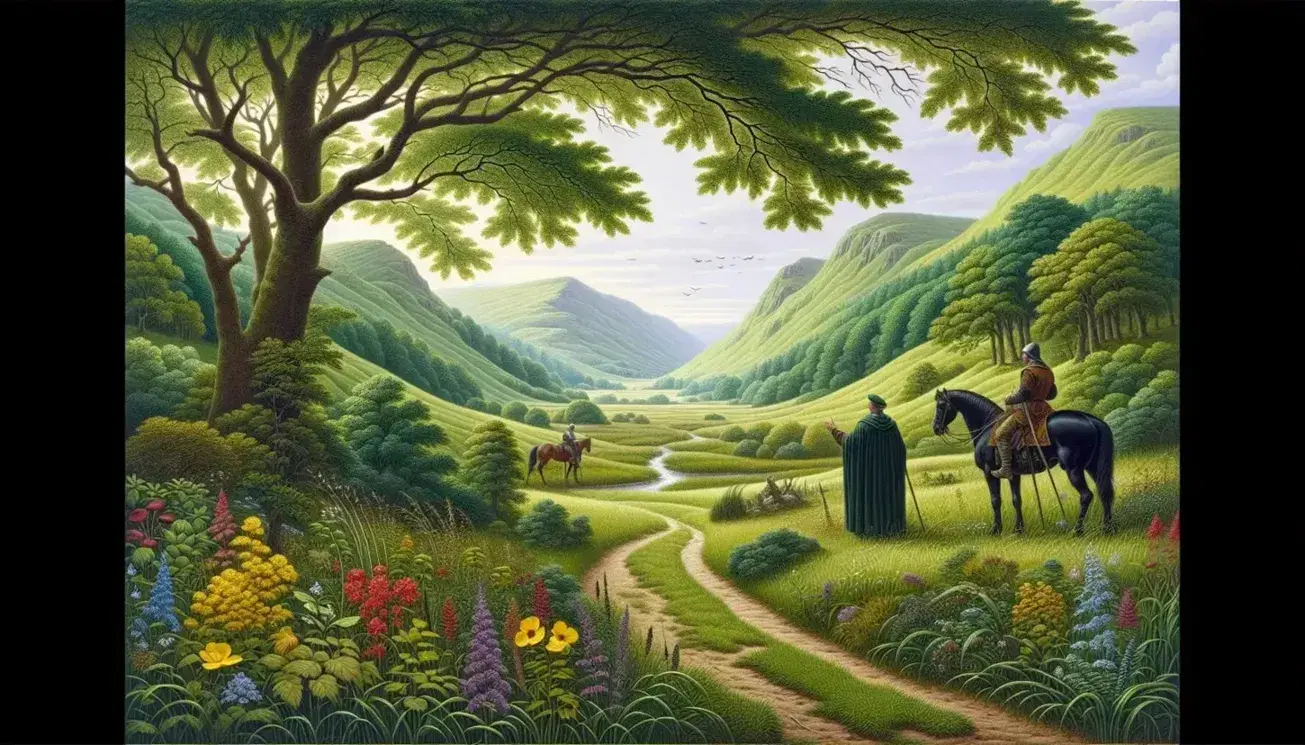 Valle verde con sentiero, cavalieri in abiti medievali conversano, fiori selvatici colorati e ruscello scintillante sotto il sole.