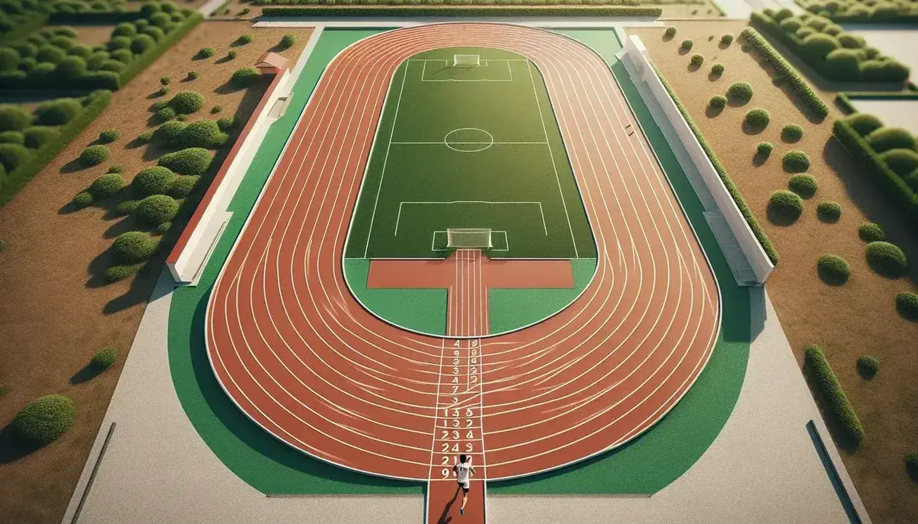 Pista di atletica con corsie rosse e campo interno verde, corridore in maglia bianca e pantaloncini neri in azione, cielo azzurro limpido.