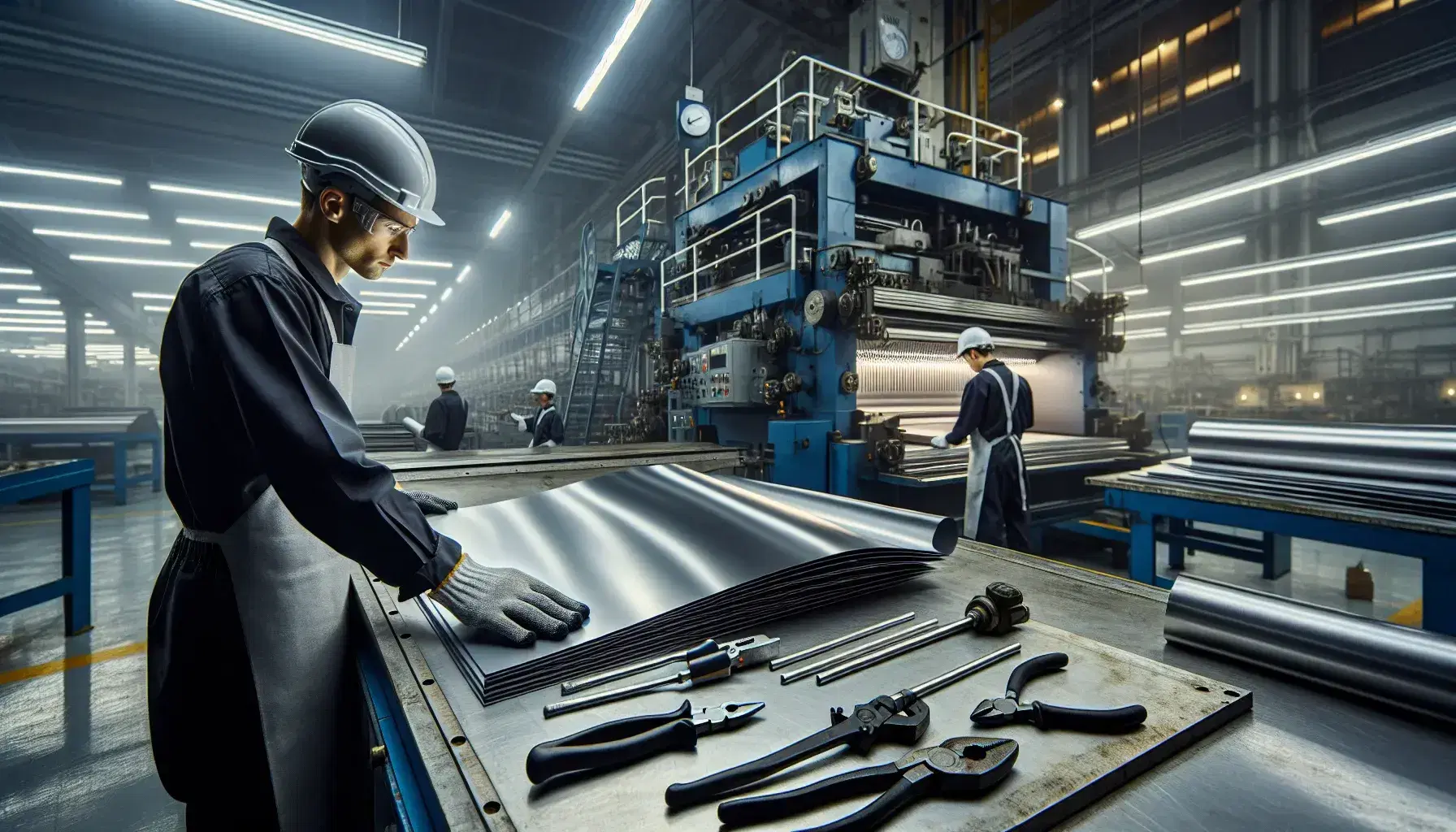 Escena de fábrica con trabajadores en equipo de seguridad junto a máquina industrial, mesa de trabajo con herramientas manuales y materiales metálicos apilados.
