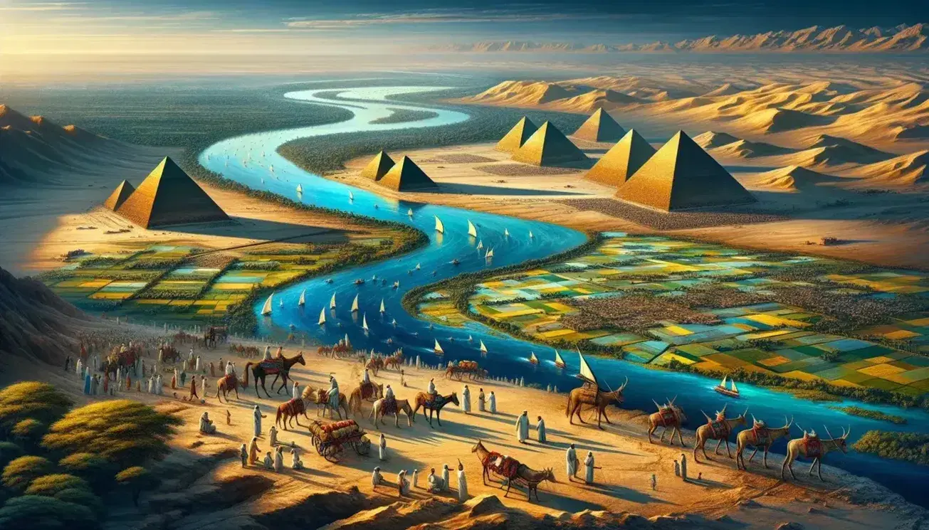 Vista aerea del fiume Nilo in Egitto con piramidi, terreni fertili e attività agricole al tramonto, senza segni moderni.