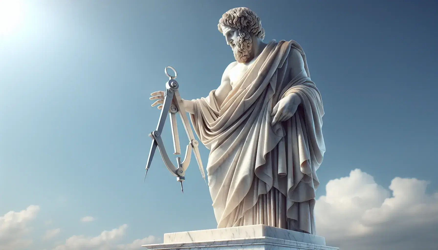 Escultura de mármol blanco de filósofo griego antiguo con compás, bajo cielo azul con nubes, destacando detalles y sombras suaves.