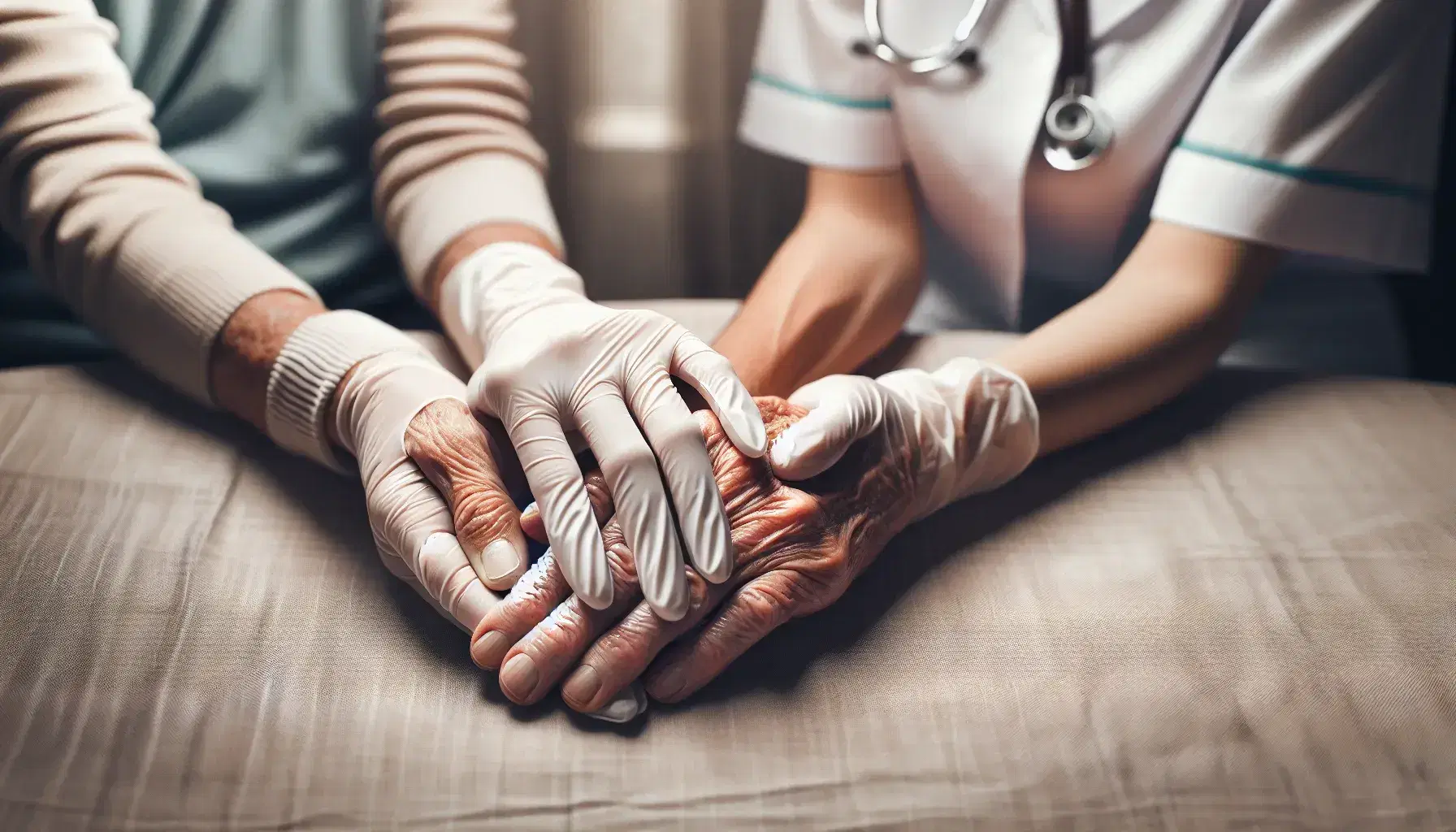 Manos de enfermera geriátrica con guantes de látex sujetando con cuidado las manos arrugadas y con manchas de la edad de un anciano, sobre fondo neutro y suave.