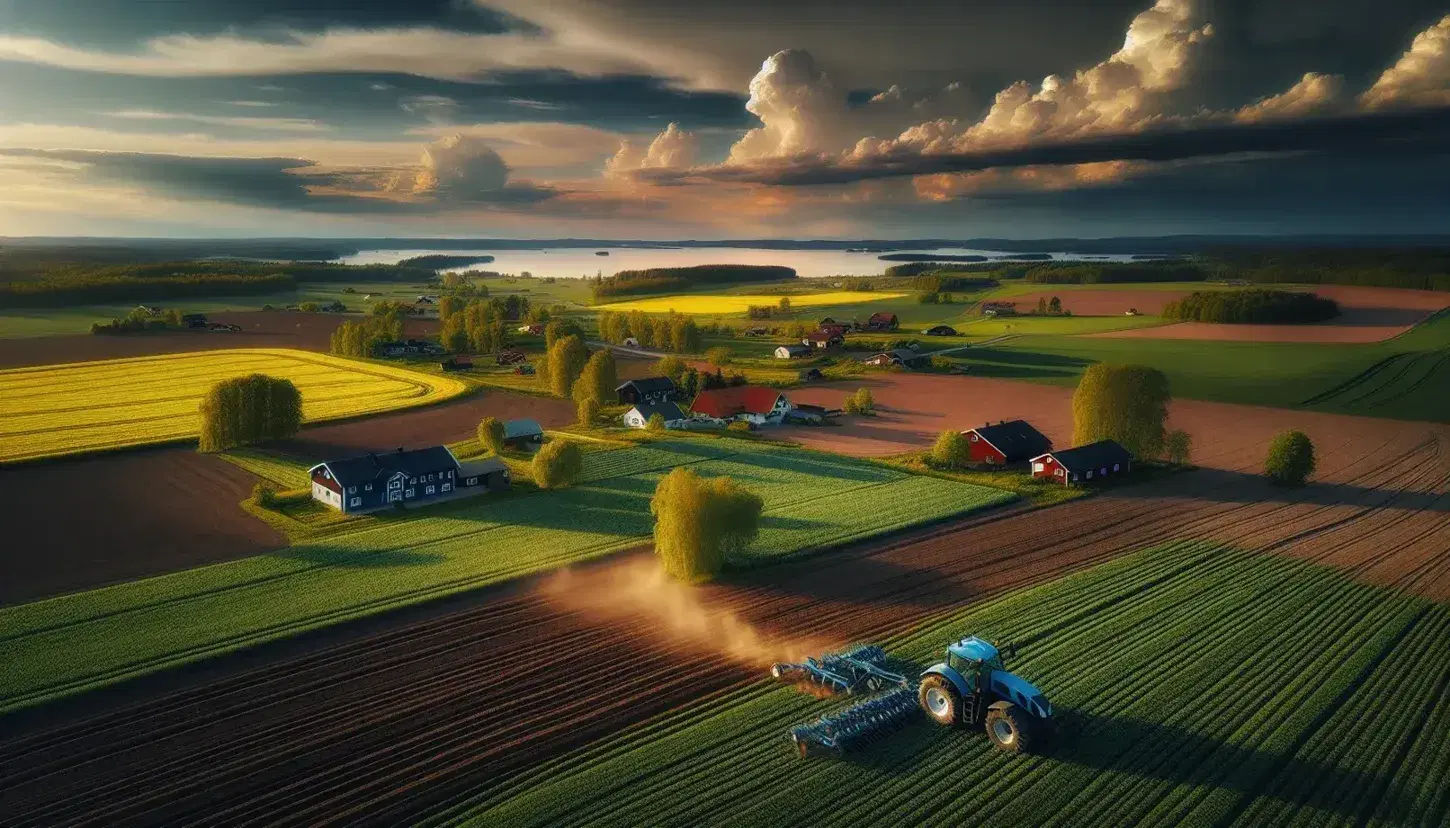 Paesaggio rurale svedese con trattore blu che lavora in campi coltivati, fattorie con tetti rossi, alberi verdi e cielo al tramonto riflesso in uno specchio d'acqua.