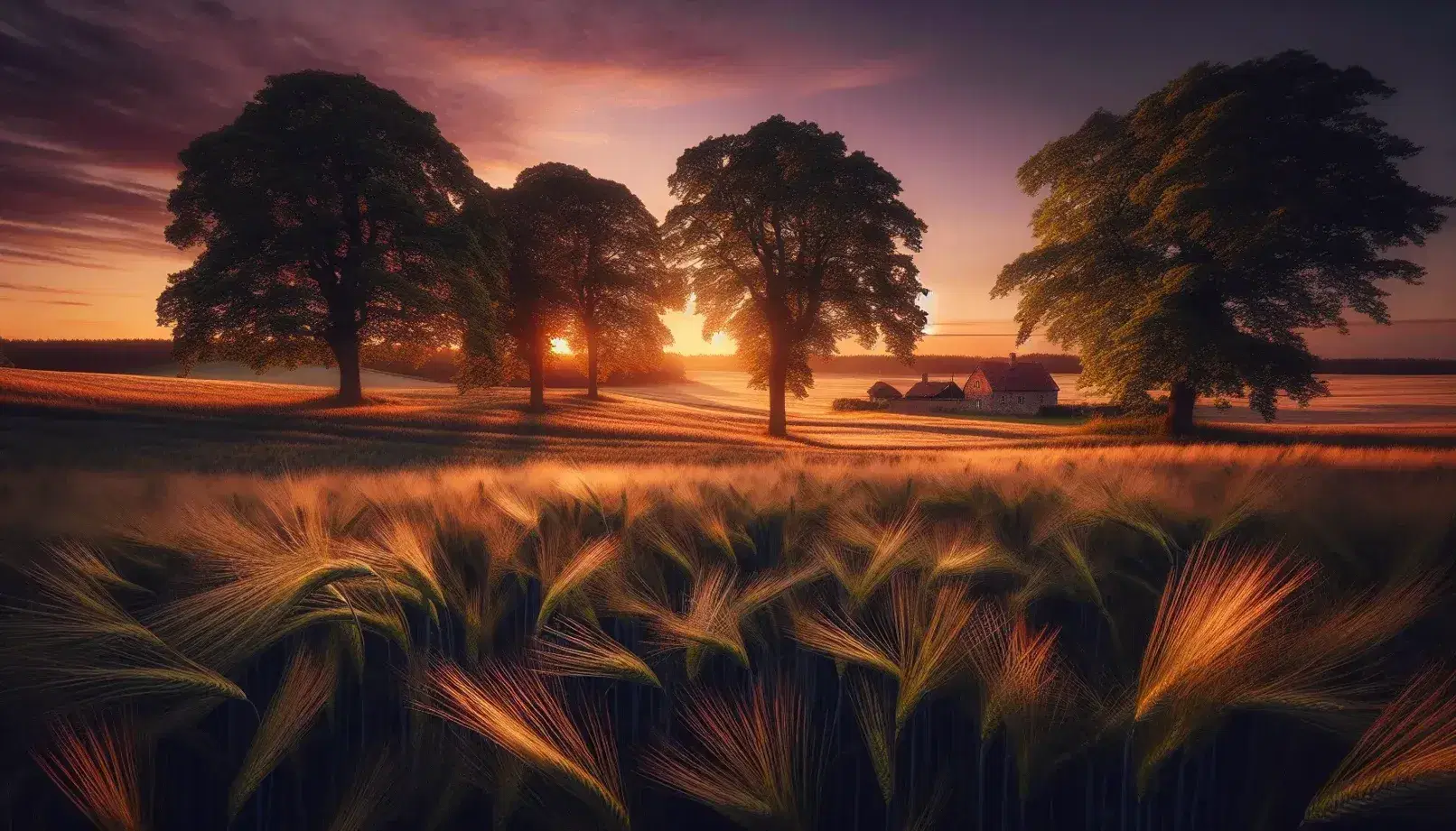 Paesaggio campestre al tramonto con campo di grano dorato, alberi autunnali e casa di campagna sullo sfondo di un cielo rosa e viola.
