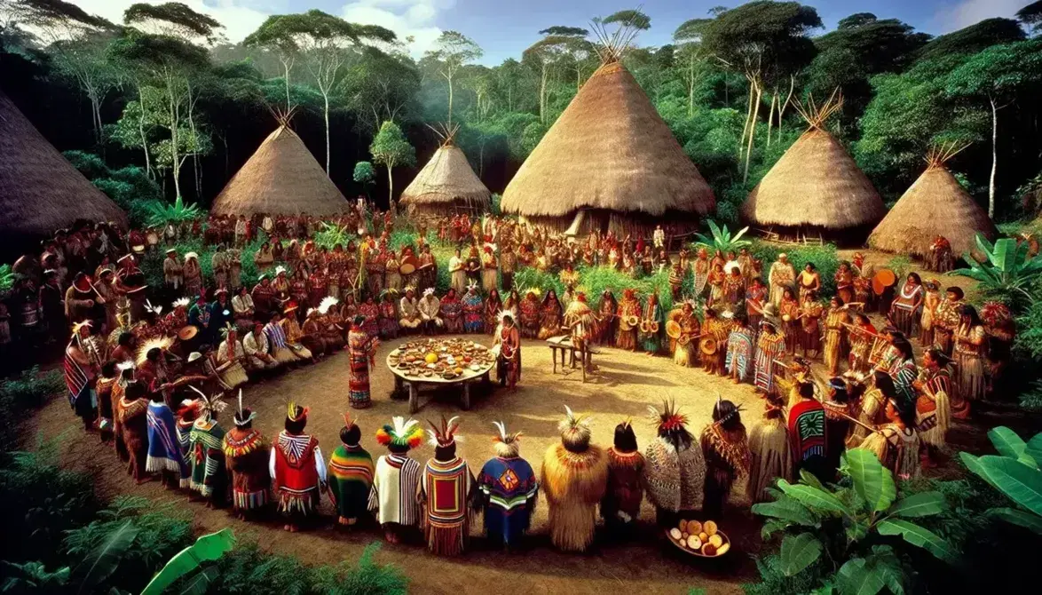 Celebración tradicional al aire libre de indígenas con vestimentas coloridas y tocados de plumas, tocando flautas y tambores, con chozas y vegetación al fondo.