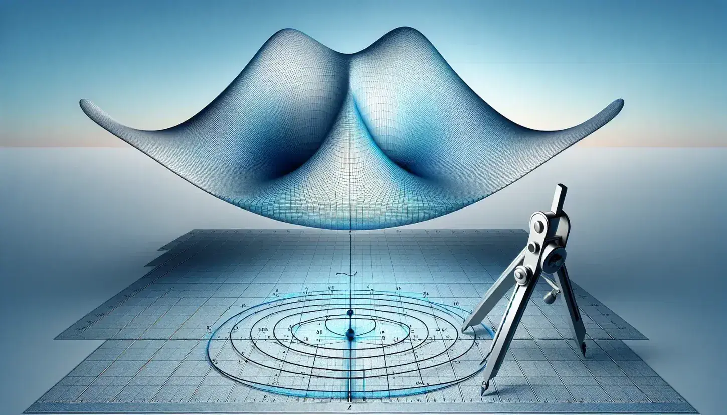 Three-dimensional mathematical model with a gradient blue curved surface above a grid with concentric circles and a compass on the plane.