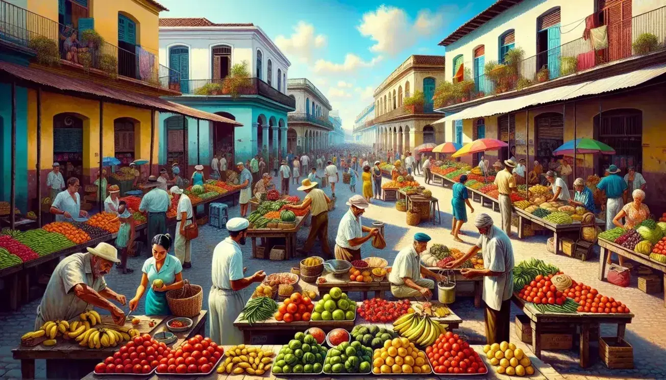 Vibrant Cuban market with colorful fruits and vegetables on wooden tables, vendors interacting with customers, and pastel buildings in the background.