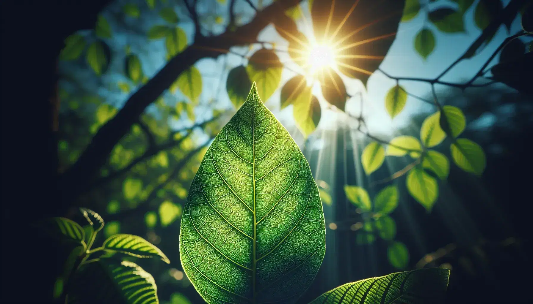 Foglia verde brillante traslucida al sole con venature evidenti e sfondo sfocato di foglie e cielo azzurro.