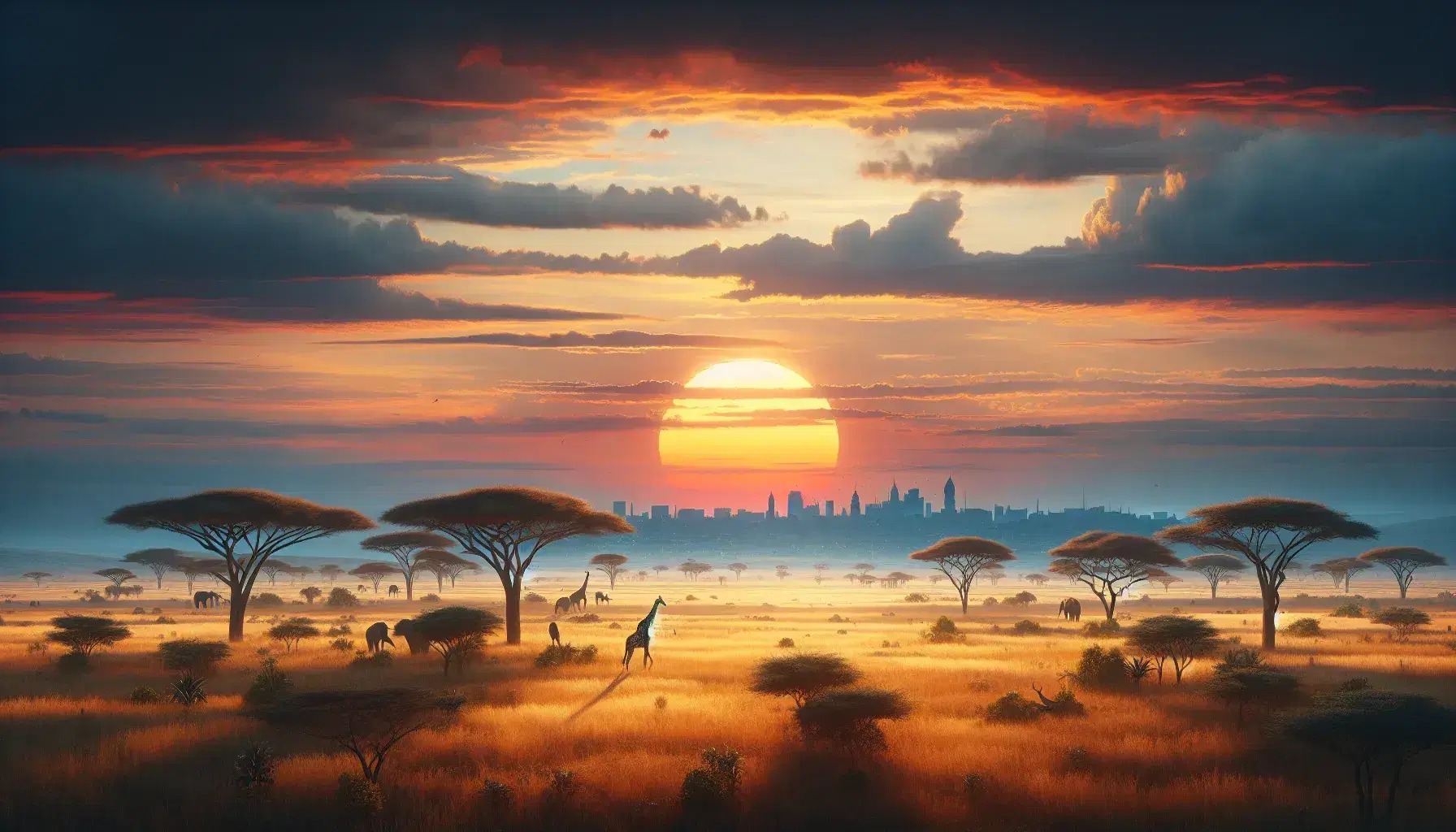 Tramonto sulla savana africana con giraffe ed elefanti tra acacie, sfondo di cielo arancione e skyline cittadino.