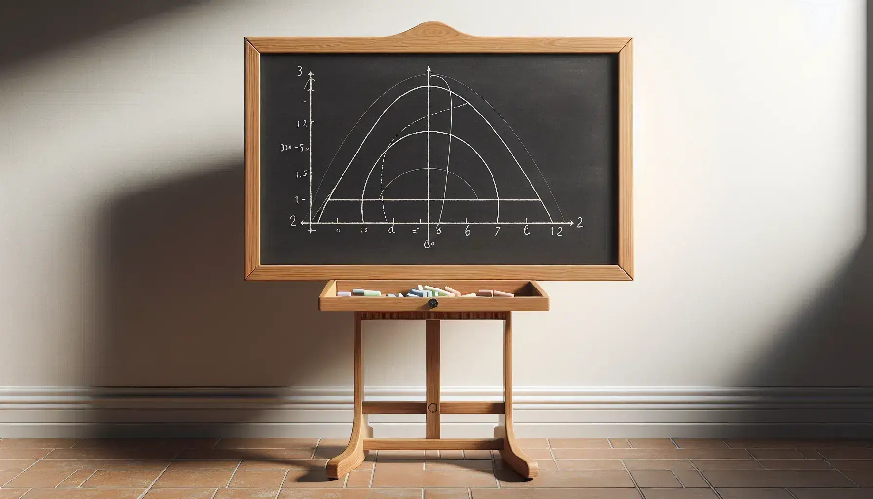 Classic blackboard with wooden easel, parabola drawn in the centre, colored chalk, ruler and green plant in terracotta pot.