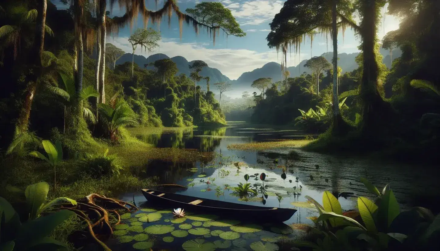 Vista panorámica de un bosque tropical húmedo con vegetación densa, un cielo azul claro, una canoa de madera y lirios acuáticos.