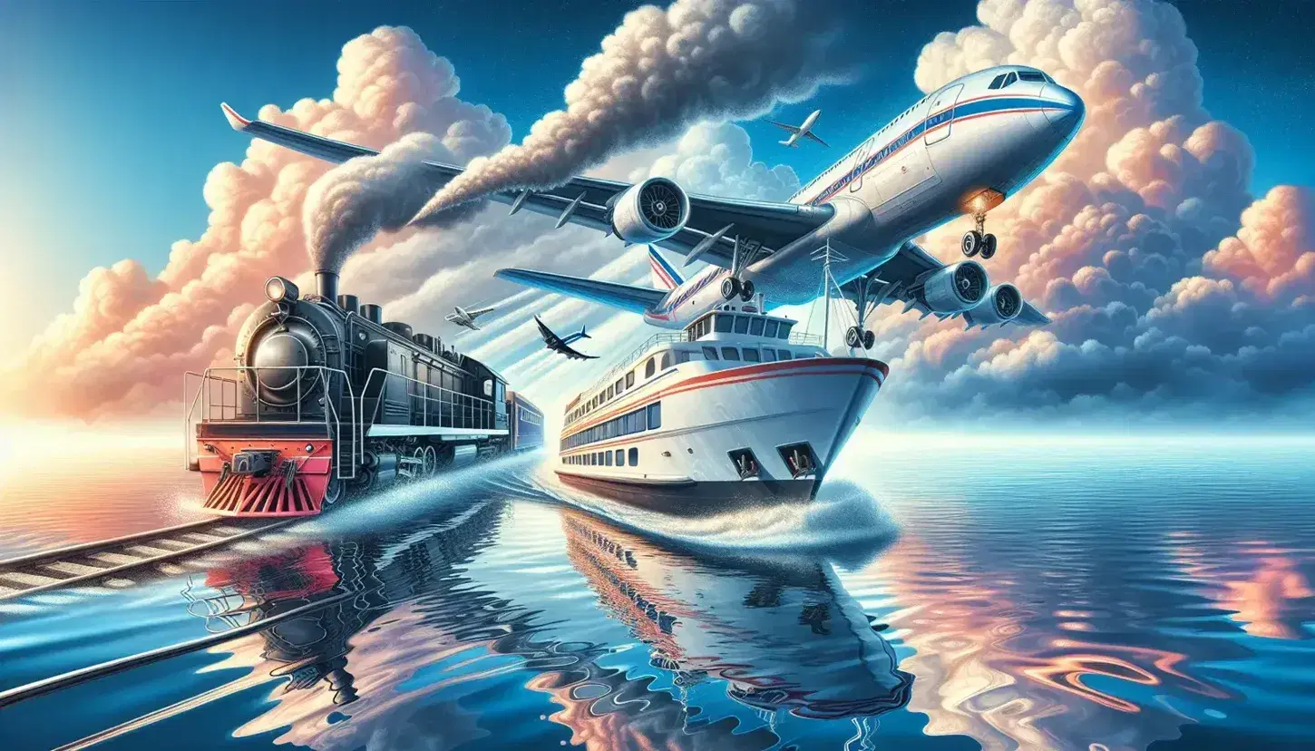 Avión comercial en vuelo con reflejo solar, locomotora a vapor en movimiento y ferry blanco navegando en aguas tranquilas, representando diversos medios de transporte.