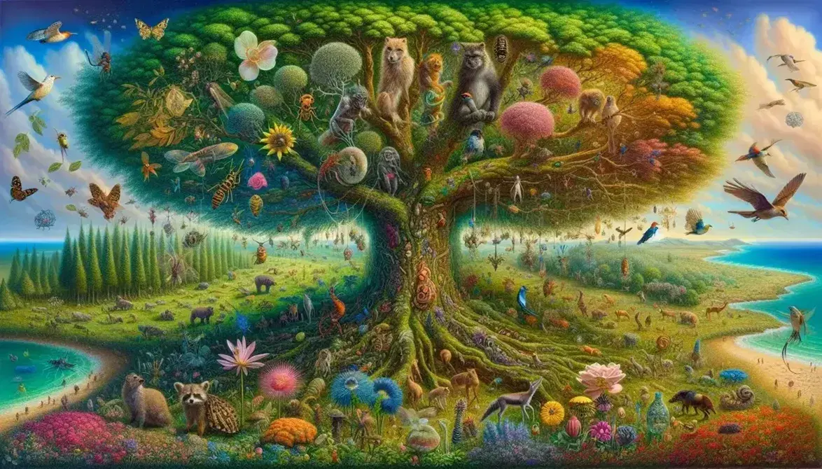 Albero rigoglioso con foglie verdi, fiori colorati, insetto giallo-nero, mammifero marrone e uccello su ramo in paesaggio naturale.