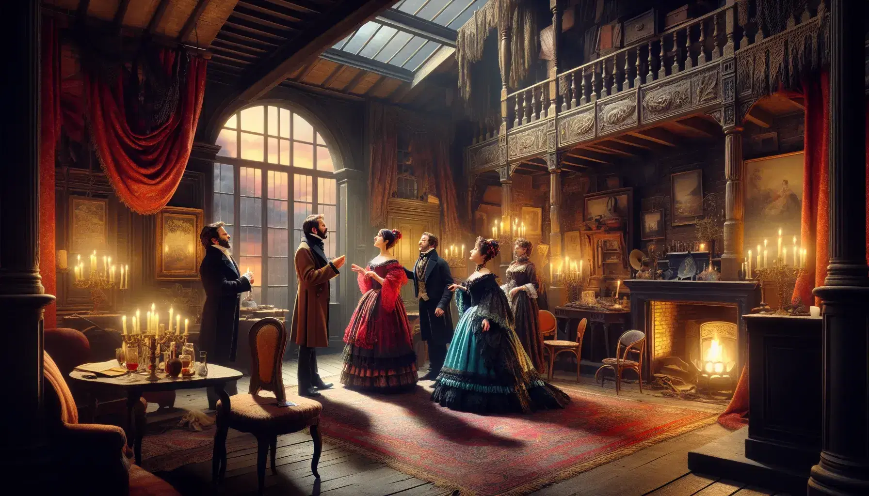 Scena d'opera con quattro cantanti in costume d'epoca su palco decorato stile bohème parigino, illuminazione calda e intima.