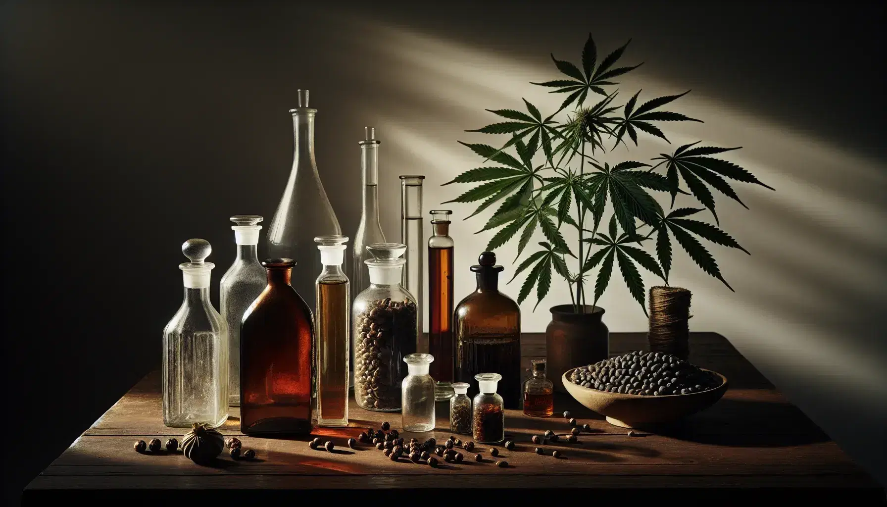 Colección de botellas de vidrio con líquidos ámbar y marrón sobre superficie de madera oscura, semillas marrones y planta de cannabis con hojas verdes dentadas.