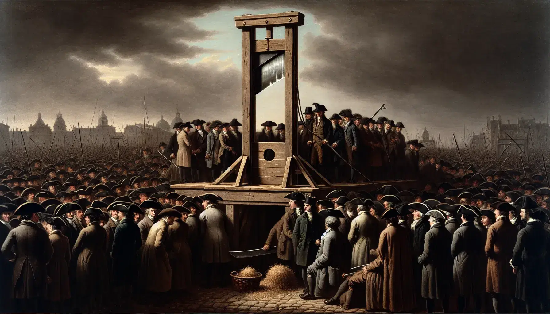 Guillotine on a wooden platform with a hay-filled basket beneath, surrounded by a faceless crowd, against a backdrop of 18th-century Parisian skyline under a gray sky.