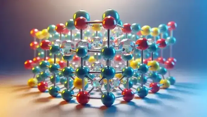 Detailed crystal structure with colorful atoms connected by cylindrical rods representing chemical bonds on gradient background.
