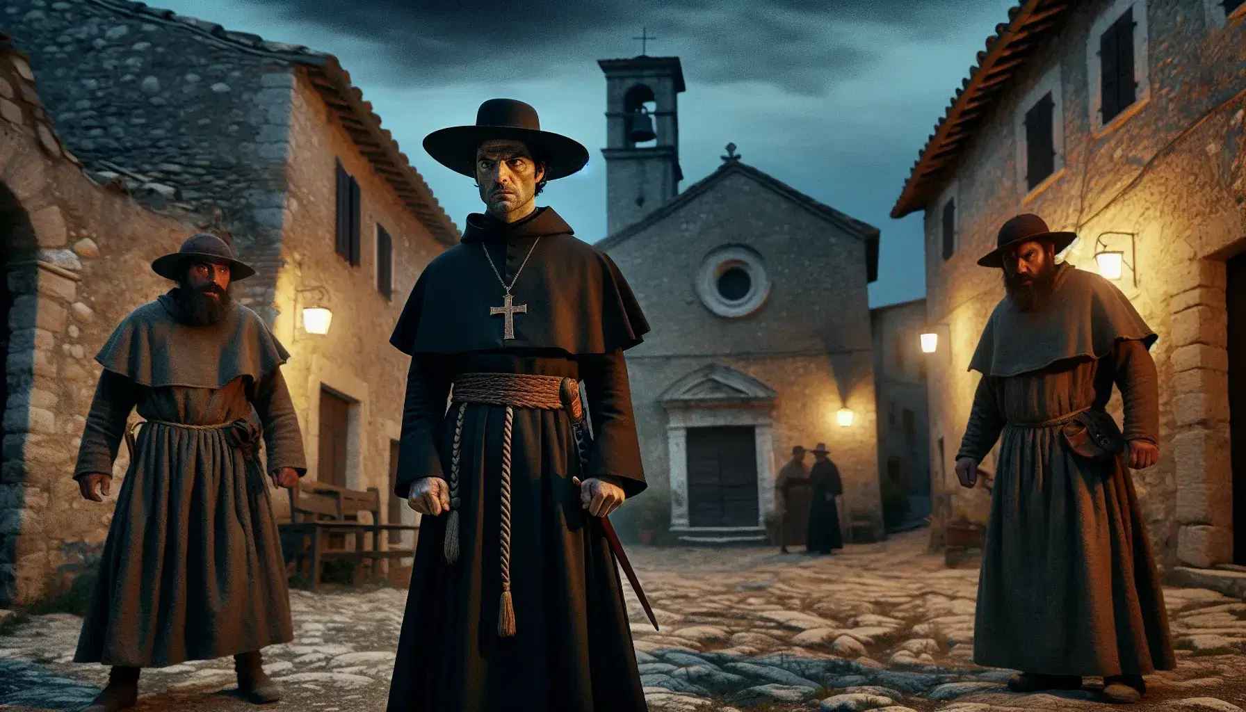 Scena di villaggio antico al tramonto con Don Abbondio in abiti ecclesiastici inquieto, due uomini minacciosi, case in pietra, cielo stellato e cane teso.