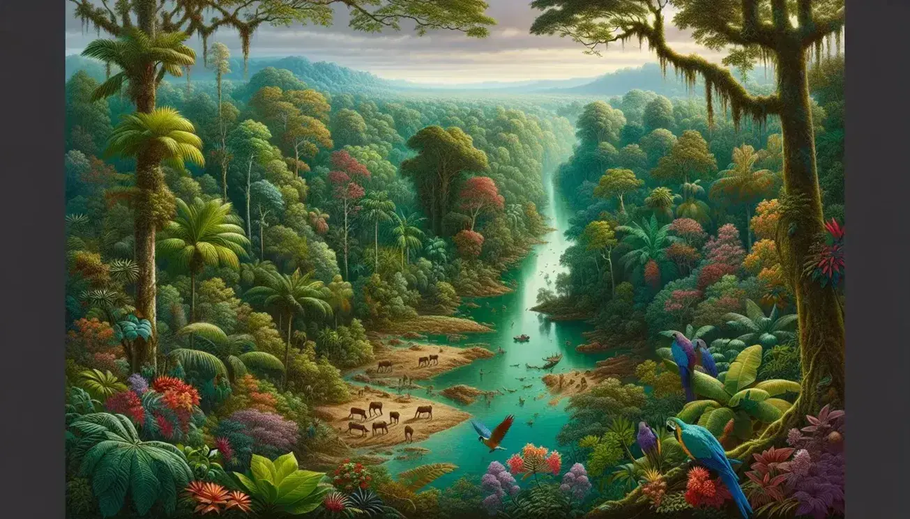 Lush rainforest landscape with meandering river, wildlife, colorful flowers and misty mountains in the distance, illuminated by afternoon light.
