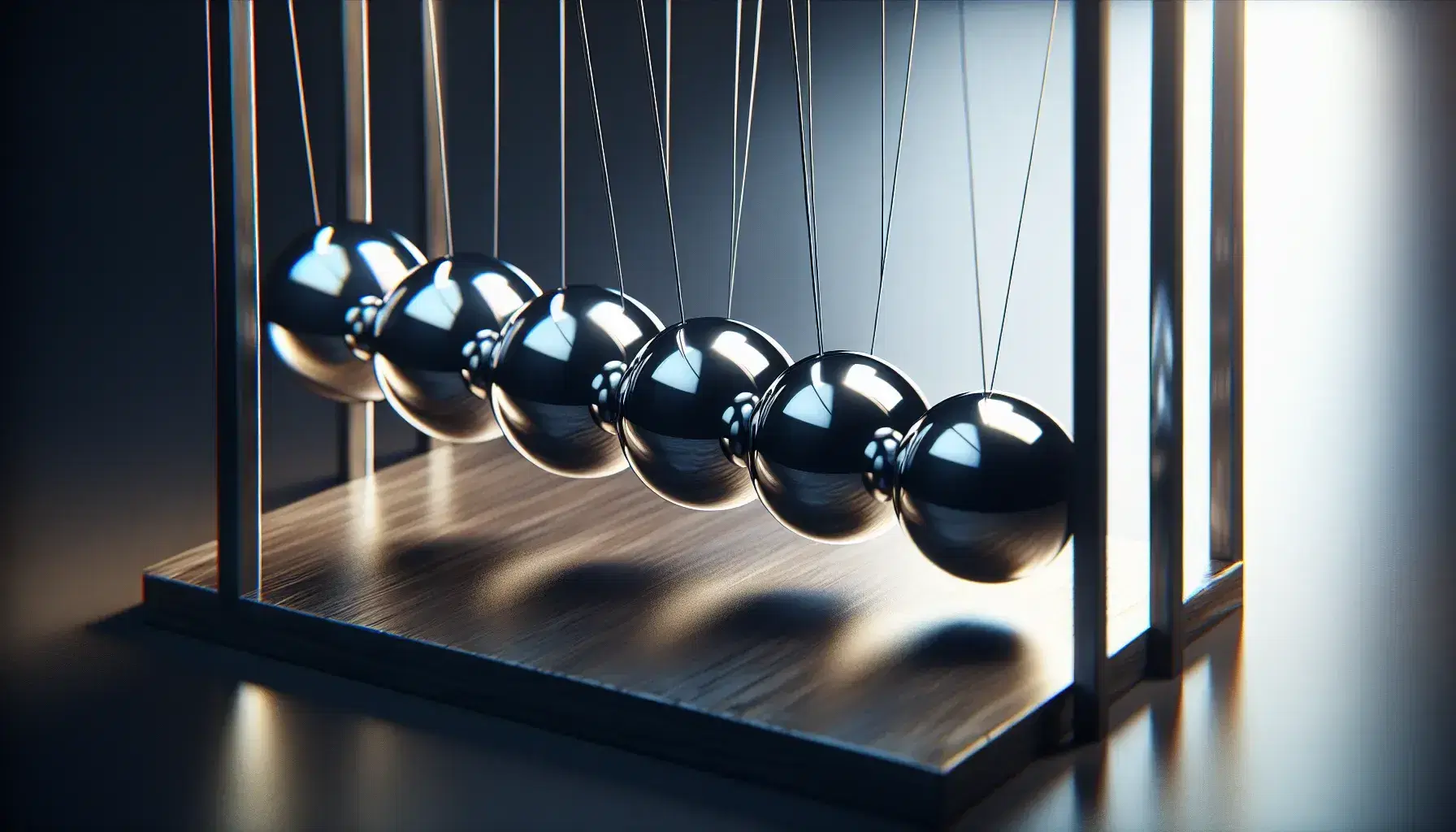Newton's cradle with five polished metallic spheres aligned, one sphere poised to strike, on a gradient background, illustrating physics principles.