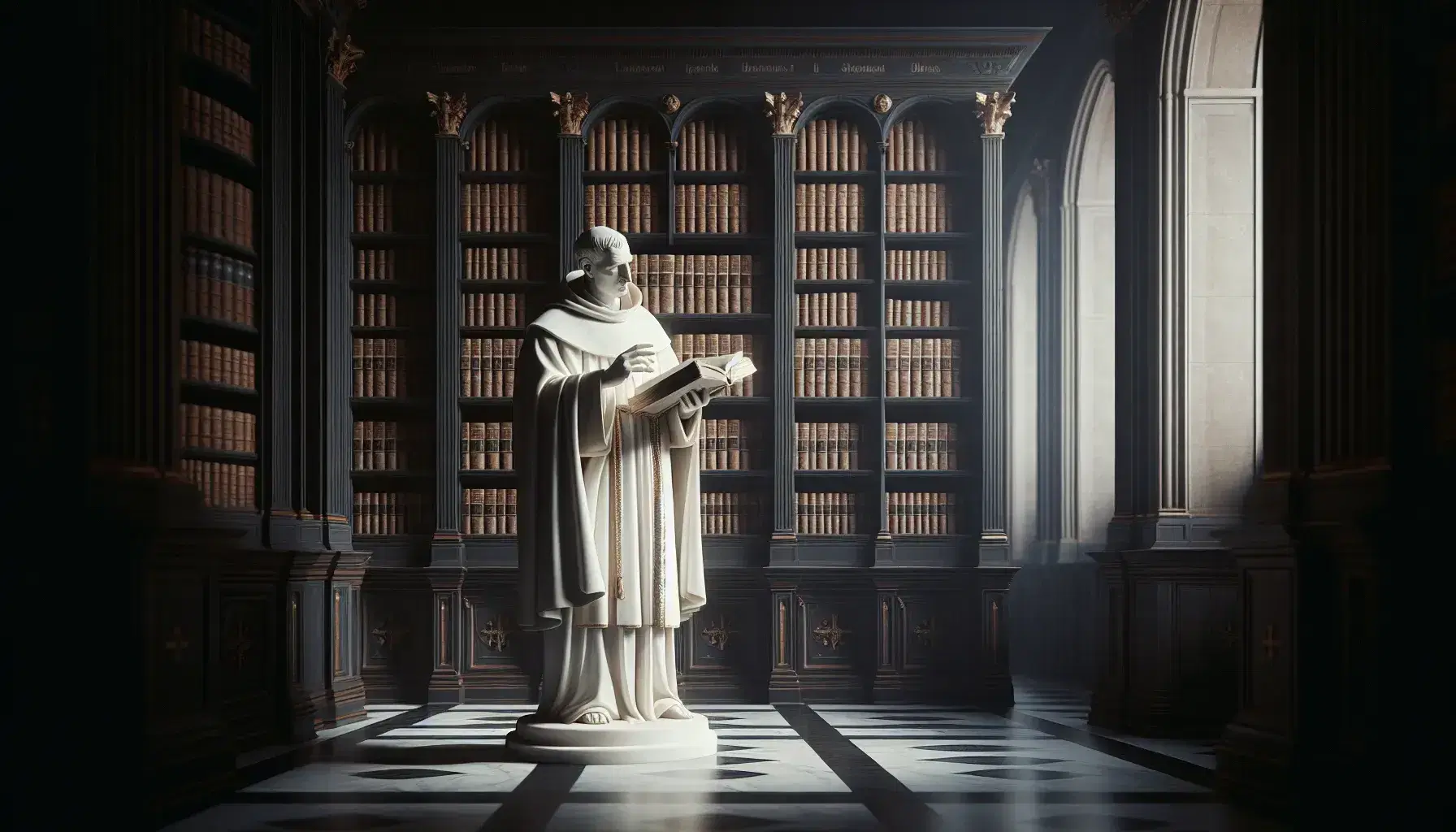 Statua in marmo di San Tommaso d'Aquino con libro aperto, in biblioteca antica, sotto luce naturale che crea giochi d'ombra.