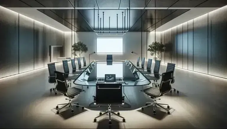 Modern corporate meeting room with oval glass table, ergonomic chairs, laptops, digital tablets, whiteboard, and floor-to-ceiling windows with natural light.