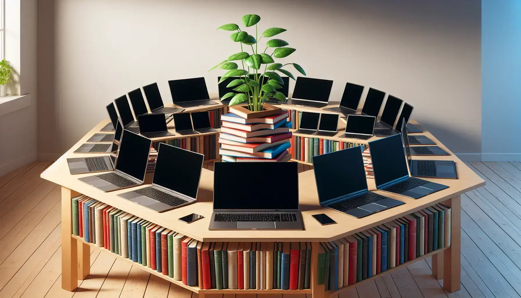 Laptops metálicas en semicírculo sobre mesa de madera con libros de colores y planta verde, ambiente de estudio y tecnología.
