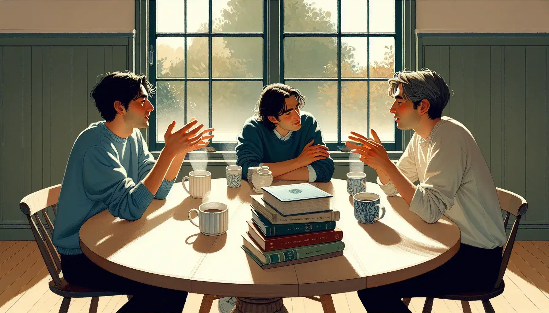 Tre persone conversano attorno a un tavolo rotondo con tazze fumanti e libri impilati, in una stanza luminosa con vista su alberi.