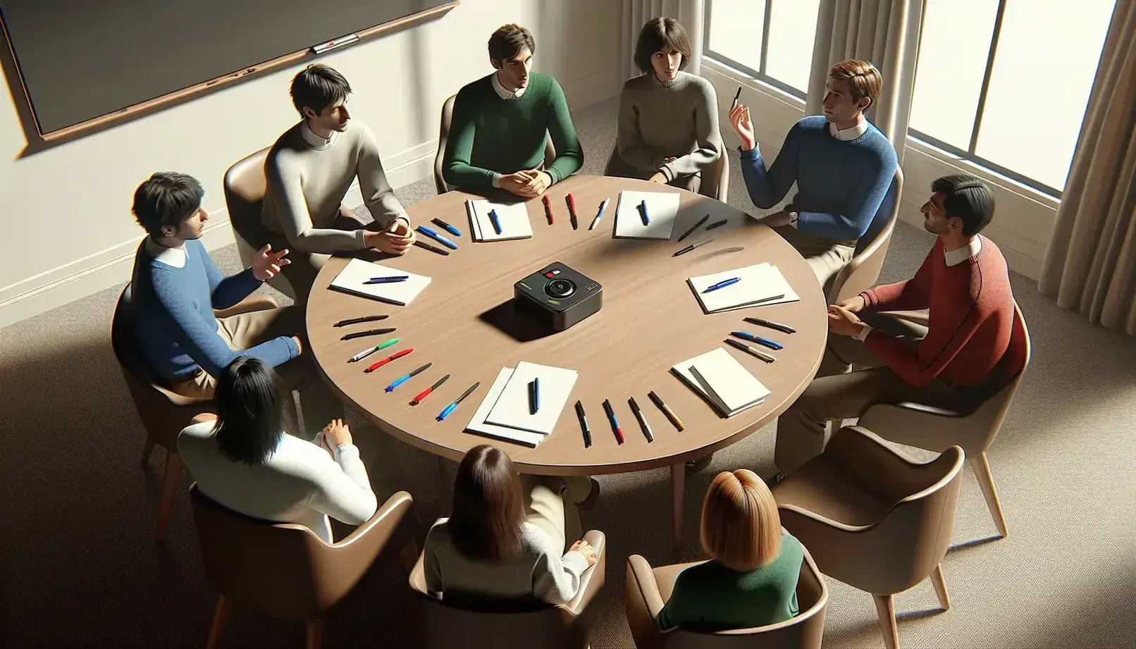 Grupo de cinco personas en reunión de trabajo alrededor de una mesa redonda con papeles y bolígrafos de colores, con un grabador de voz sobre la mesa y una pizarra blanca al fondo.