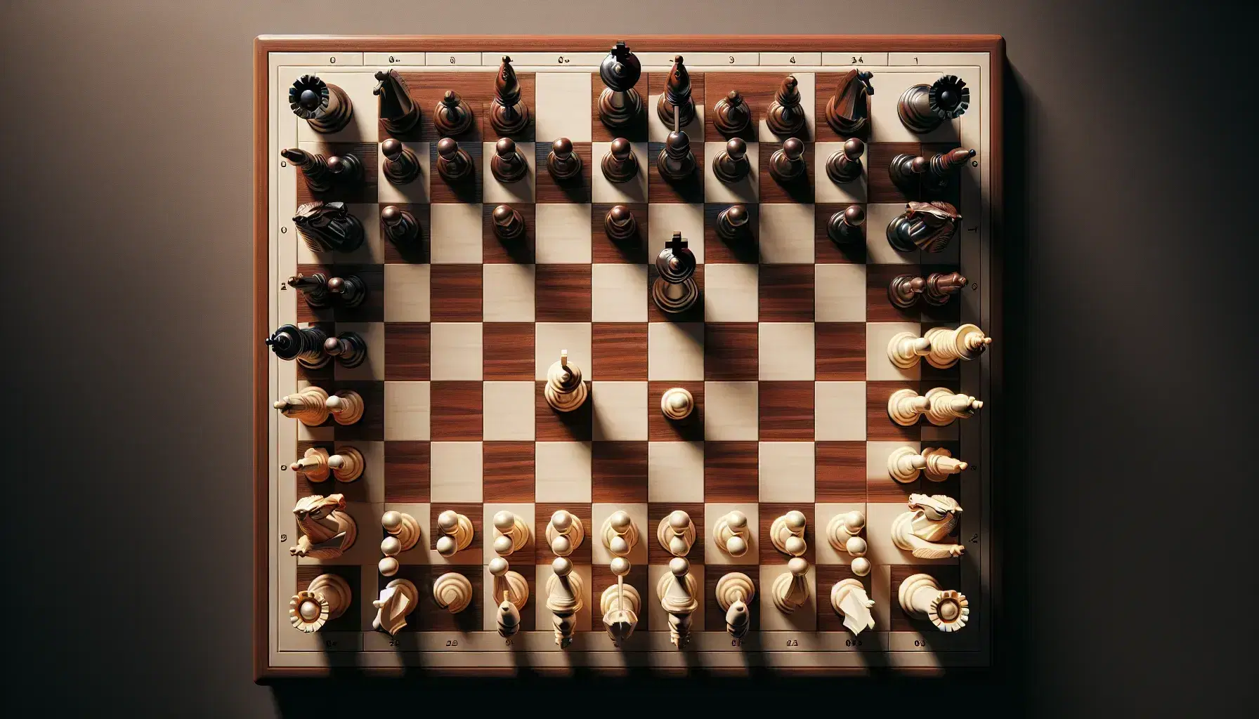 Scacchiera in gioco con re bianco e regina nera al centro, pezzi scolpiti e ombre morbide su sfondo legno lucido.